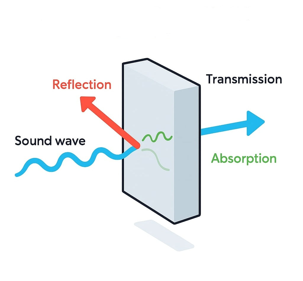 Diagram showing sound wave reflection, transmission, and absorption that explains how acoustic panels work.