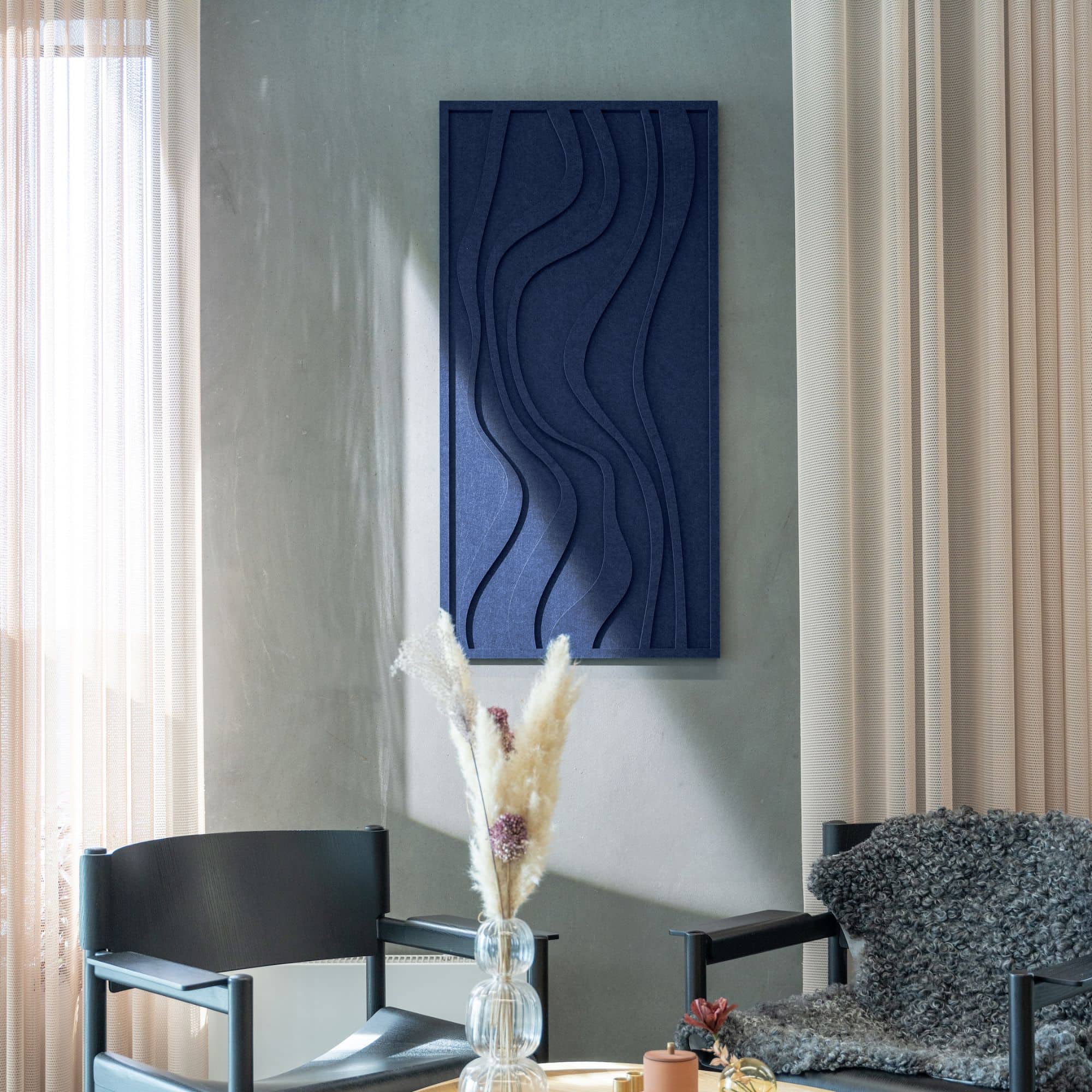 Wave original long tile acoustic art panel in blue, enhancing the decor and sound quality of a contemporary living room